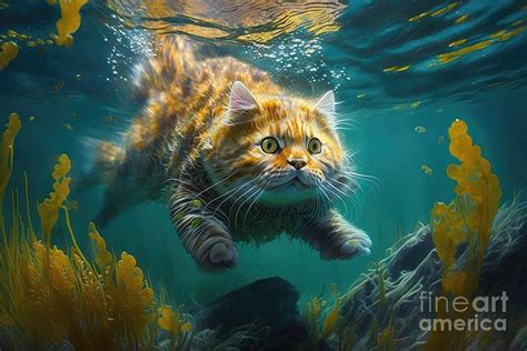 Funny cat swimming underwater. Digital Art by Konstantin Sutyagin - Fine Art America