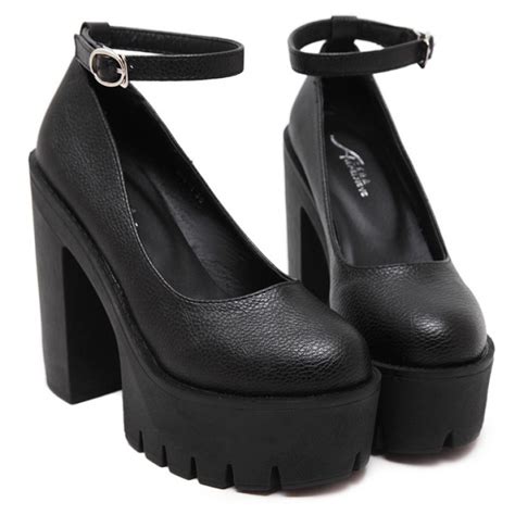 Black Chunky Cleated Platforms Sole Block High Heels Mary Jane Shoes