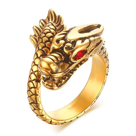 Chinese Dragon Ring for Men Punk Rock Style Red Stone Eye Ring High Quality Gold Color Stainless ...