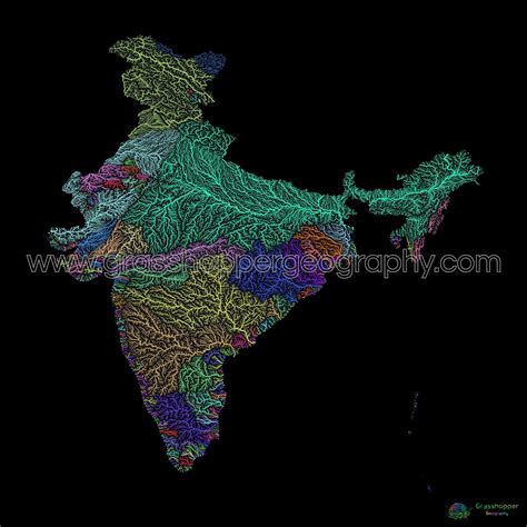 River basin map of India with black background Fine Art Print - 28x28 ...