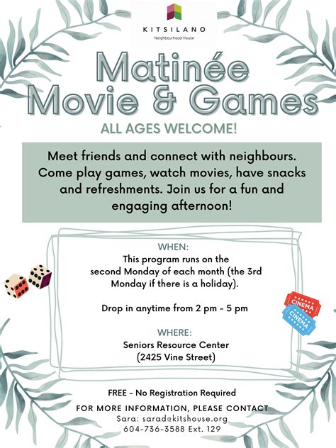 Matinee Movie and Games Poster (1) | Kitsilano Neighbourhood House