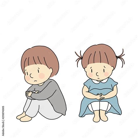 Vector illustration of little kids hugging knees, feeling sad and ...