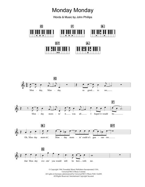 Monday Monday by The Mamas & The Papas Sheet Music for Piano Chords ...