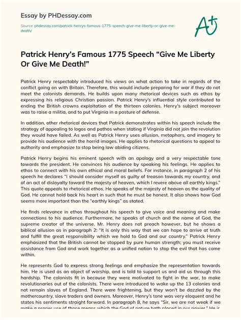 Patrick Henry’S Famous 1775 Speech “Give Me Liberty Or Give Me Death!” Rhetorical And Rhetorical ...