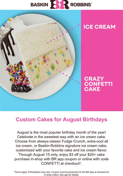 $3 off $20 on an ice cream cake at Baskin Robbins via promo code CONFETTI #baskinrobbins | The ...