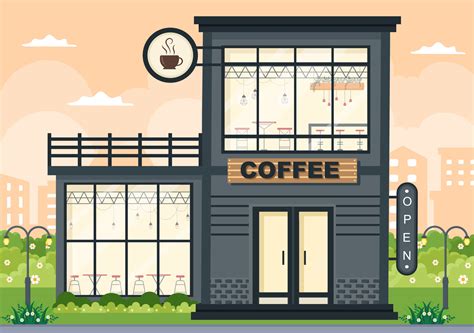 Coffee Shop Illustration With Open Board, Tree, And Building Store ...