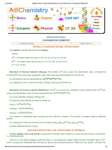 Spinel Structure - Explanation - Illustrations - Cfse - Adichemistry | PDF | Transition Metals ...