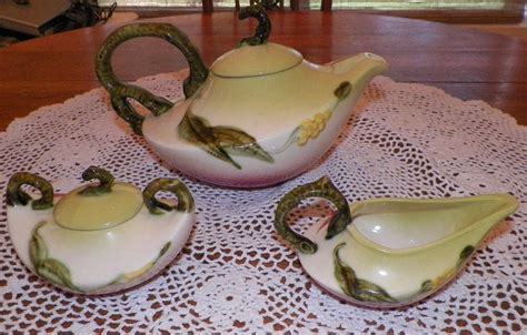 VINTAGE HULL POTTERY WOODLAND GLOSSY TEA SET TEAPOT SUGAR CREAMER -K2 ...