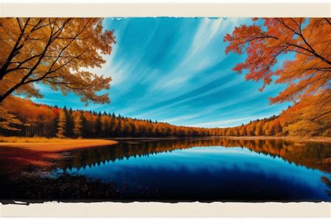 Premium AI Image | A painting of a lake with autumn leaves on it