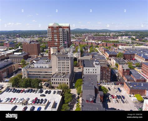 Manchester City Hall Plaza in downtown and Elm Street aerial view ...