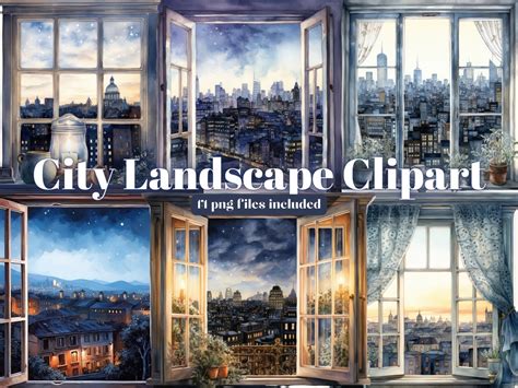 City Night Window Watercolor Clipart, City Window Clipart, Streetlights ...