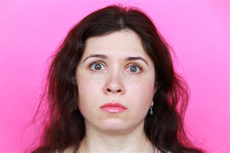 Surprised Scared Young Woman On Pink Background Stock Photo - Image of correction, color: 182612856