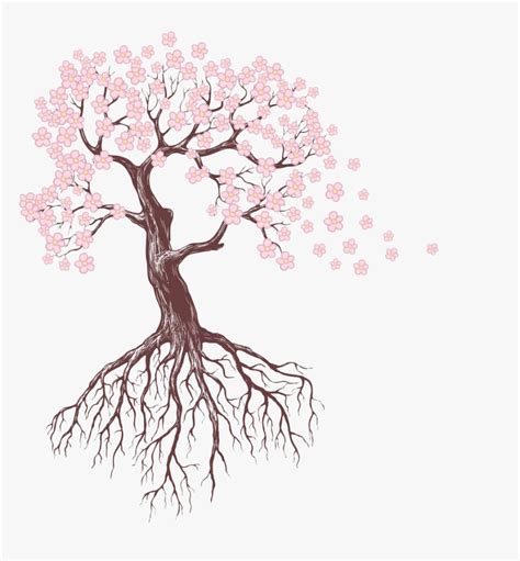 Tree Roots Drawing - Trees With Flowers Drawings, HD Png Download - kindpng