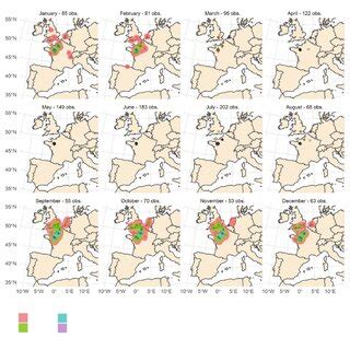 b. Monthly changes in the distribution of Tufted Duck breeding in ...