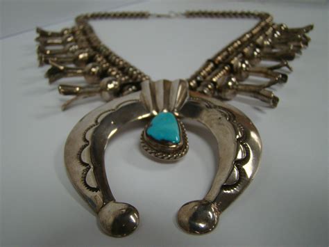 Rare Sterling Silver Native Indian Turquoise Squash Blossom Necklace ...