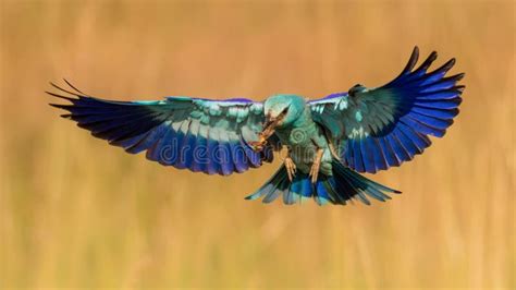 A Vibrant Roller Bird Flying with Prey Caught in Its Beak Stock Photo ...