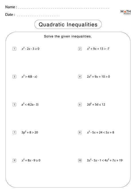 Quadratic Inequalities Worksheets with Answer Key