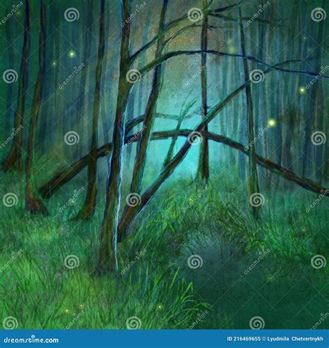 Enigmatic Mysterious Enchanted Forest. Fireflies and Magic Light in a ...