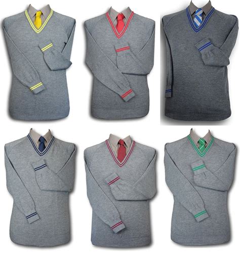 Grey WOOLLEN School Uniform 'V' Neck Jumpers - 6 Trim Colours - Neck ...