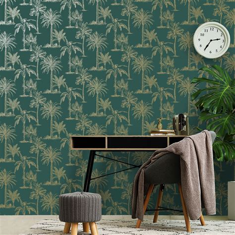 TEAL / GREEN WALLPAPER - GEOMETRIC FLORAL LEAVES ANIMALS METALLIC ...