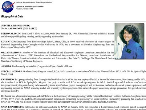 Nasa: Astronaut Biography: Judith A. Resnik, ph.d. Handout for 9th ...