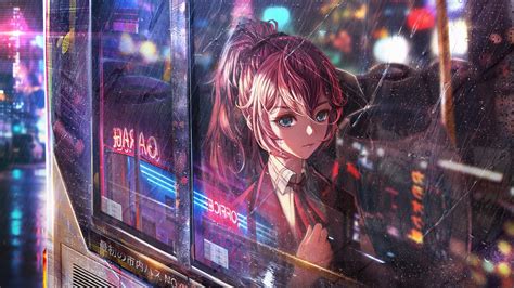 1366x768 Anime Girl Bus Window Neon City 4k Laptop HD ,HD 4k Wallpapers,Images,Backgrounds ...