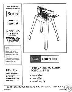 Craftsman 18 " Scroll Saw Manual Model # 113.207600