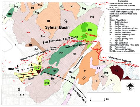 Map of the Sylmar Basin and study area showing the 1971 surface fault ...