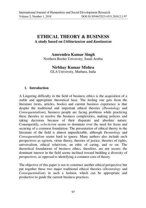 (PDF) ETHICAL THEORY & BUSINESS A study based on Utilitarianism and Kantianism