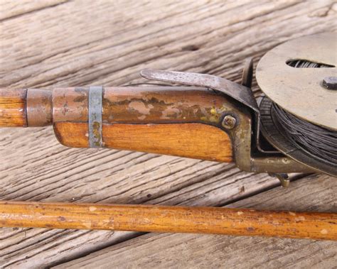 Antique Wooden Fishing Rod & Copper Reel / Mathews Conveyer Co. Halibut Reel / Old Fishing Reel ...