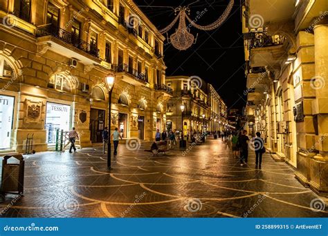 Nizami Street with Bright Night Illumination. Shopping Center of Baku ...