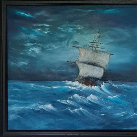 Original seascape artwork with a boat in a storm at sea - Oil painting on canvas.