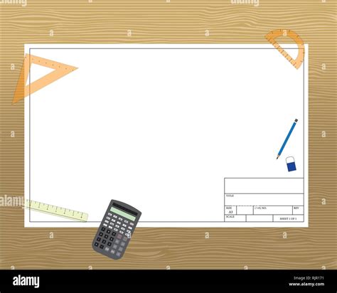 A3 size engineering drawing paper with border, stationary and calculator on table Stock Vector ...