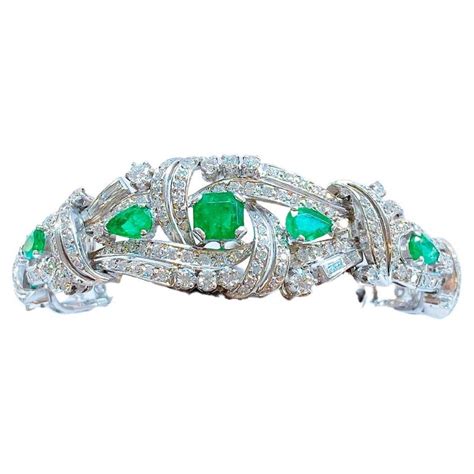 Vintage Platinum Emerald Diamond Bracelet For Sale at 1stDibs