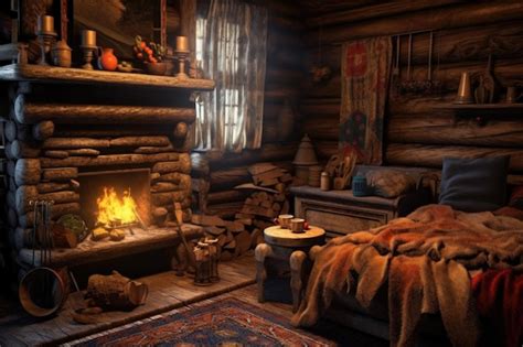 Premium AI Image | Rustic fireplace in a log cabin with warm blankets created with generative ai