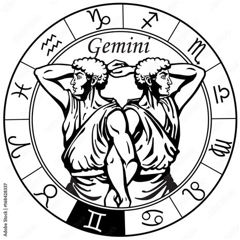 gemini astrological horoscope sign in the zodiac wheel. Black and white vector illustration ...