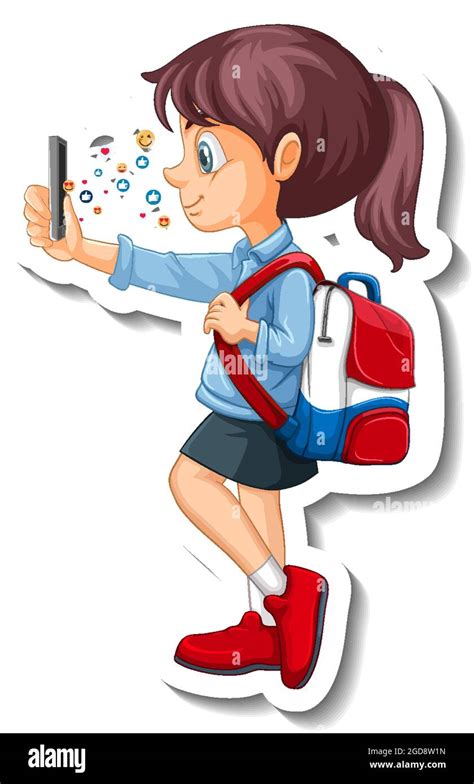 A student girl using smart phone cartoon character sticker illustration ...