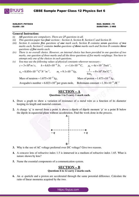 CBSE Class 12 Physics Sample Paper Set 6 - Click to Download PDF!