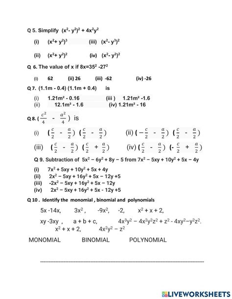 Algebraic Expressions And Identities Worksheet Live