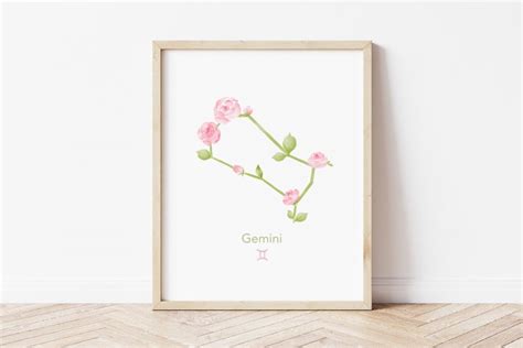 Gemini Zodiac Floral Printable Art, Constellation Flowers