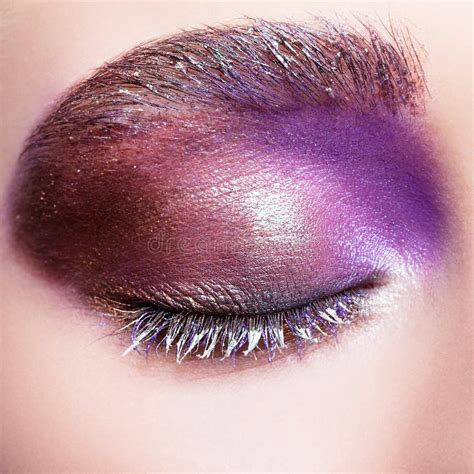 Female Closed Eye with Evening Violet Purple Eyes Shadows and White Eyelashes Makeup Stock Photo ...