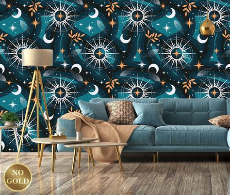 Vivid Black & Blue Cosmic Wallpaper With Moon, Stars and Orange Leaf Pattern Peel and Stick self ...