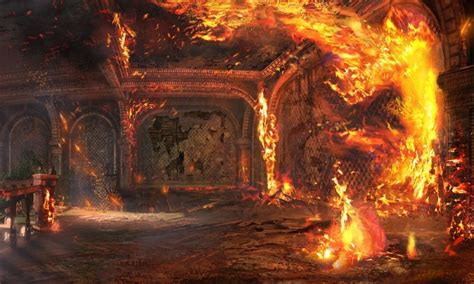 Landscape concept art of a burning building from Uncharted 3 ...