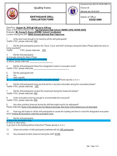 3rd NSED-Earthquake Drill Evaluation Form-1 | PDF