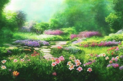 Premium Photo | 3D render digital painting of garden with flowers and trees Floral HD wallpaper