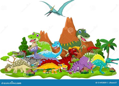 Dinosaur Cartoon with Landscape Background Stock Illustration ...