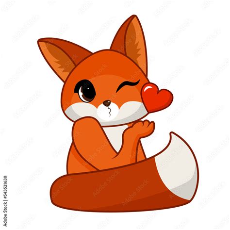 Cute funny emoji fox. Red little fox with heart and love expression. Vector illustration of ...