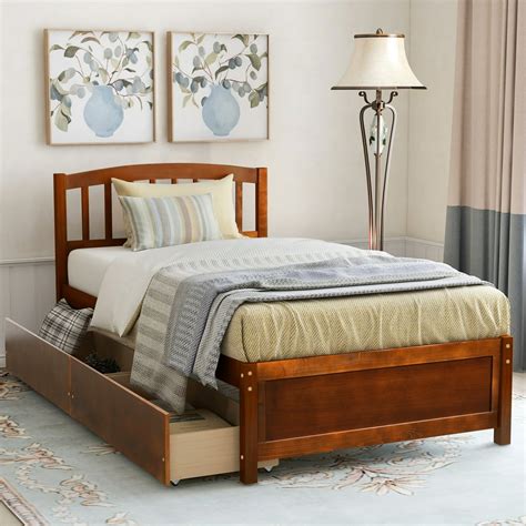 Twin Platform Bed Frame with Storage Drawers, Walnut Twin Bed Frame ...