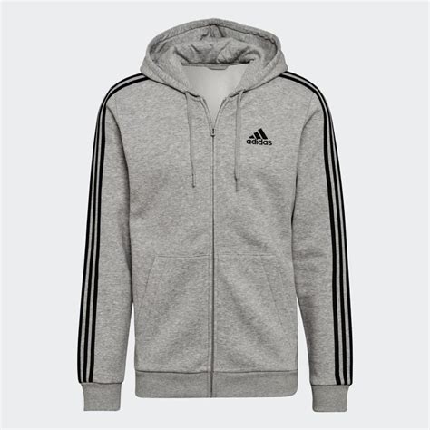 adidas Essentials Fleece 3-Stripes Full-Zip Hoodie - Grey | Men's ...