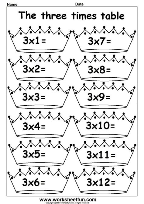 three times table worksheet with numbers and crowns